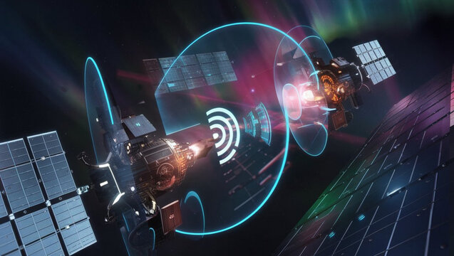 Communication satellites orbiting Earth. Global network data transmission in deep space.