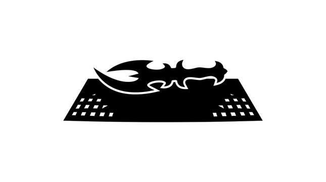 Stylized black silhouette of a sharp blade on a platform