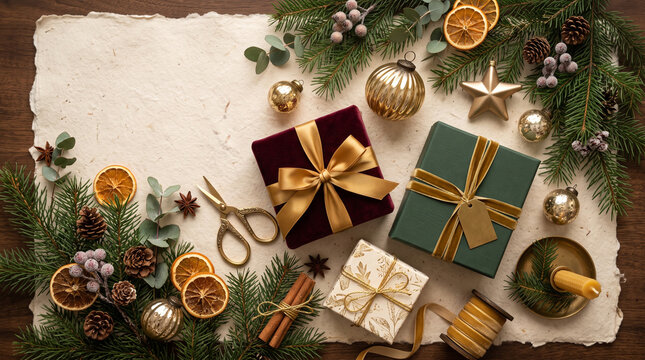 luxury christmas flat lay composition with gifts pine branches and decorations