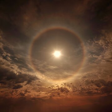 Stunning solar halo appearing in the dramatic sunset sky.