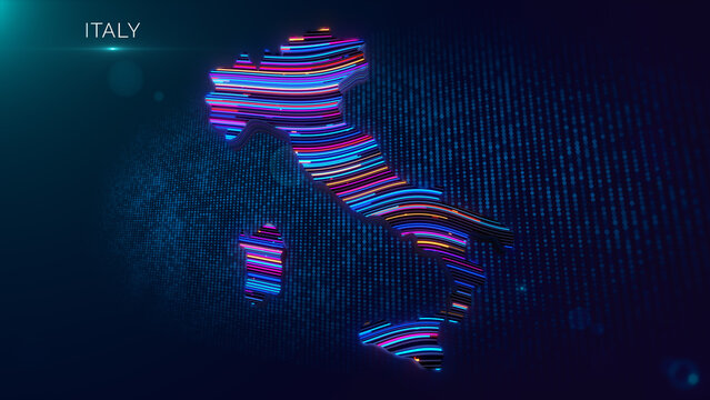 Modern 3D Italy map with glowing colorful wave lines, digital particle grid, cinematic depth of field, light flare, and Italy title for futuristic geographic presentations.