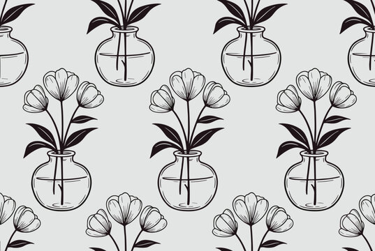 Elegant seamless pattern of minimalist hand-drawn glass vases holding three-petaled flowers with leaves on a light gray background.