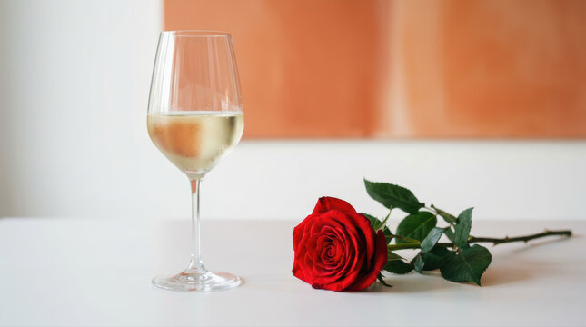 Wine glass rose romance red flower white drink elegance celebration single red rose lies beside chilled white wine glass clean white table, creating simple romantic mood with soft warm background
