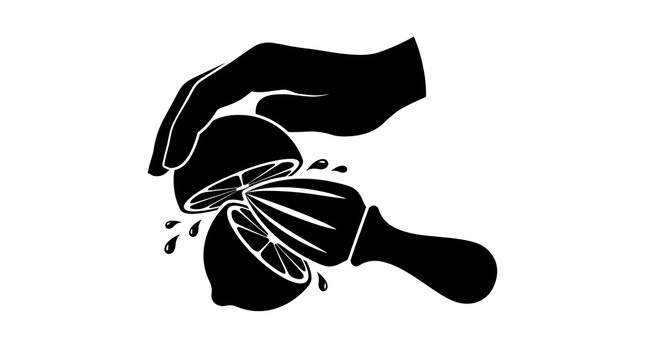 Hand squeezing citrus fruit with manual juicer silhouette