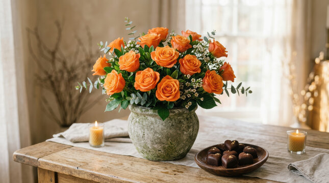 Orange rose bouquet flower arrangement rustic vase wooden table burning candle natural light home decor romantic cozy living room green leaf eucalyptus chocolate dessert still life interior