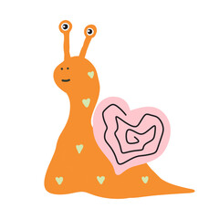 A cute  illustration of an orange snail with a pink heart-shaped shell and tiny heart patterns on its body. This charming cartoon clipart is perfect for children's designs, greeting cards, and sticker © Ksenia