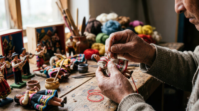 Elderly man hands crafting small figurines with colorful threads and tools.