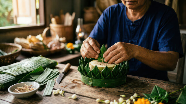 Elderly person crafting a traditional Thai banana leaf offering.