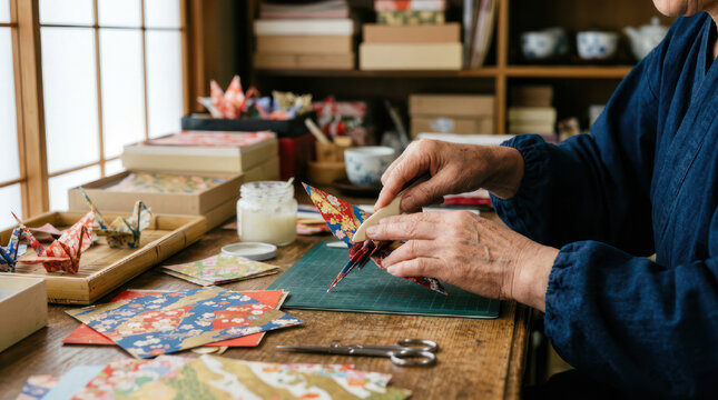 Elderly person crafting origami paper cranes at a wooden desk.
