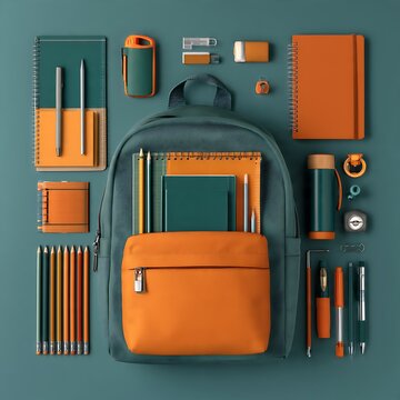 Top view of student backpack with stationery items and notebooks.