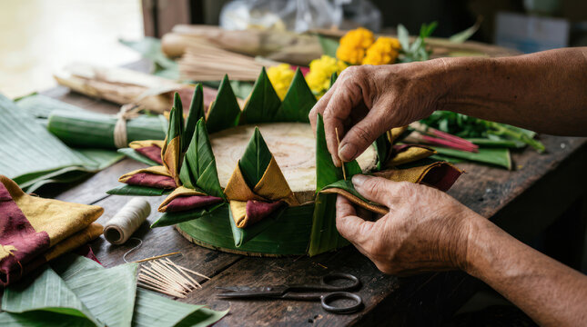 Hands crafting a decorative crown from green leaves and yellow flowers.