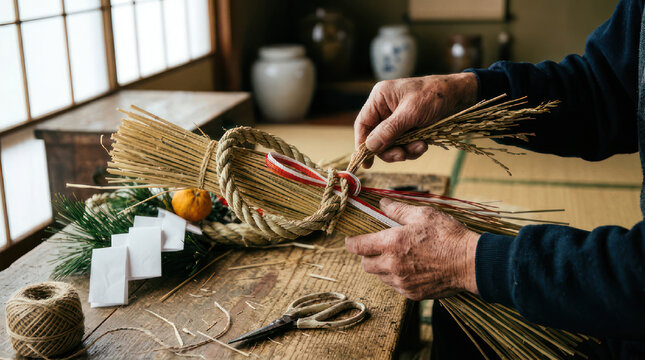 Hands crafting a traditional Japanese New Year decoration called Kadomatsu.