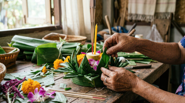 Hands crafting a traditional Thai krathong for Loy Krathong festival.