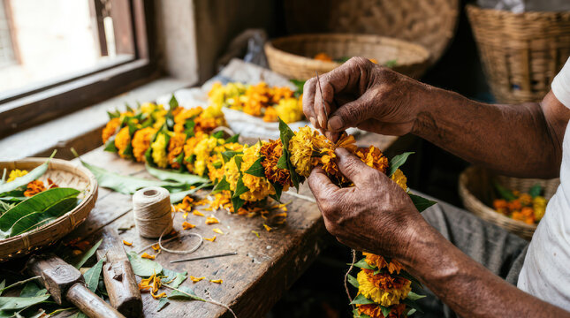 Hands crafting a vibrant marigold flower garland for decoration or religious ceremony.