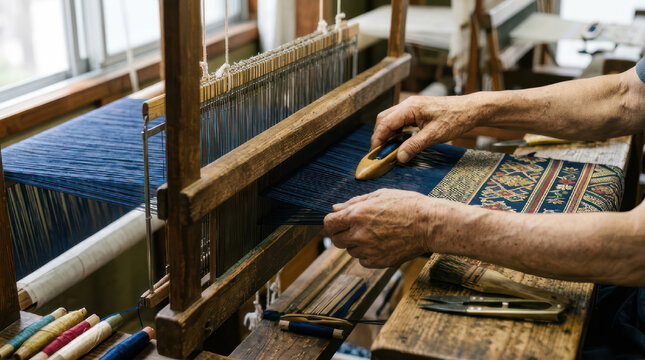 Hands weaving fabric on a traditional wooden loom.