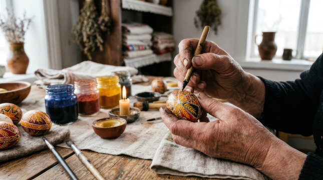 Person decorating Easter eggs with paint and brush.