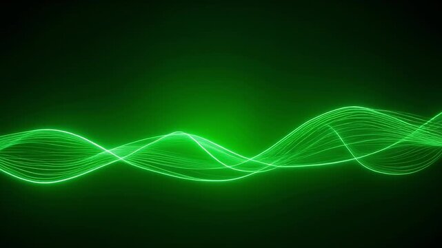 Luminous green waveforms undulating smoothly across a dark background with subtle light diffusion