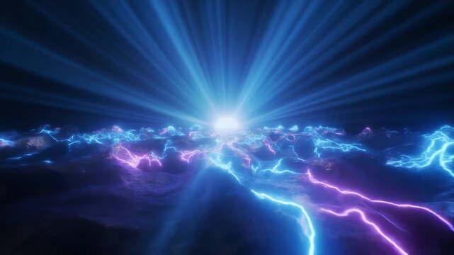 Radiant Futuristic Digital Landscape featuring Glowing Neon Energy Flows and Cinematic Blue Light Rays in Abstract Space