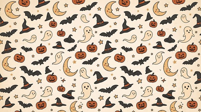 Vintage Cute Halloween Seamless Pattern with Witch Hats, Ghosts and Bats