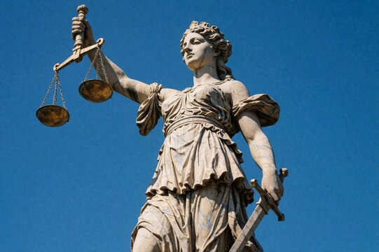 Justice Goddess Statue Holding Scales Against Blue Sky Monumental Sculpture Concept