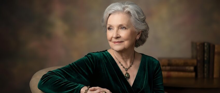 Senior woman with gray hair and fair complexion wearing dark green velvet jacket, posed thoughtfully with hand near chin against blurred interior background for portrait and professional use.