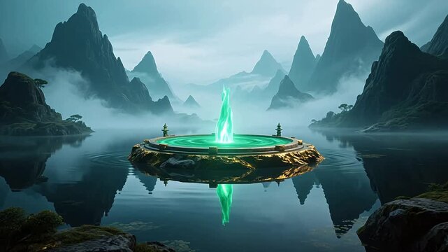 Mysterious glowing altar on a floating island