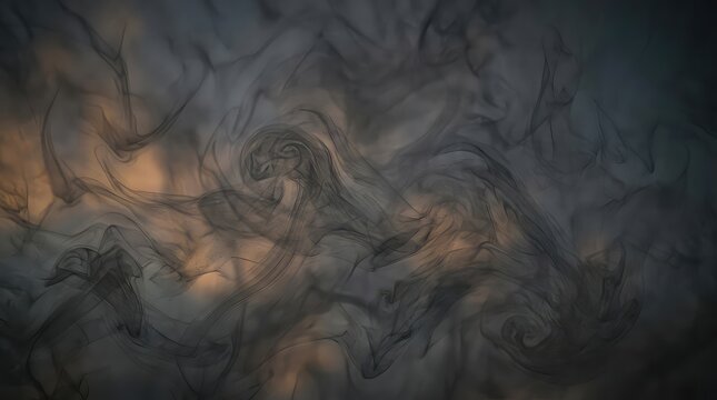 Black smoke swirls on dark background. Abstract ink clouds flowing in moody atmosphere.