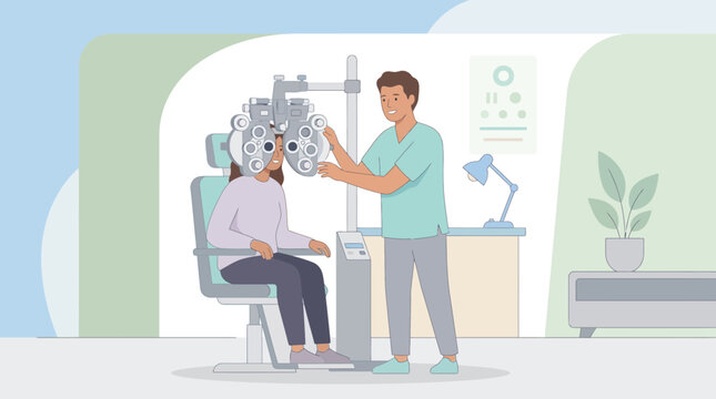 Optometrist examining patient's eyes with phoropter in clinic