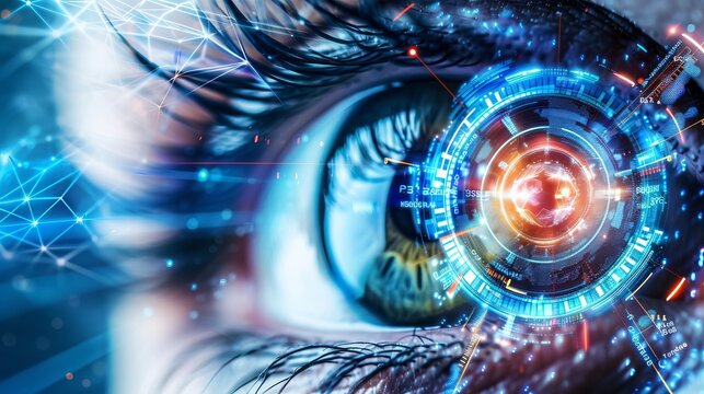 Close up of a human eye featuring virtual holograms for surveillance and digital id verification