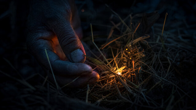 Igniting the Spark of Survival: A close-up of a weathered hand carefully coaxing a flame to life amidst dry tinder and grass, symbolizing resilience and the primal need for fire.