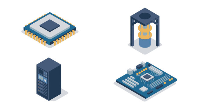 Isometric illustration of computer hardware components including a CPU, motherboard, server, and cooling system.