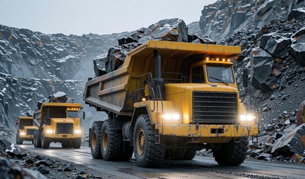 Heavy Duty Mining Dump Truck in Snowy Rocky Terrain