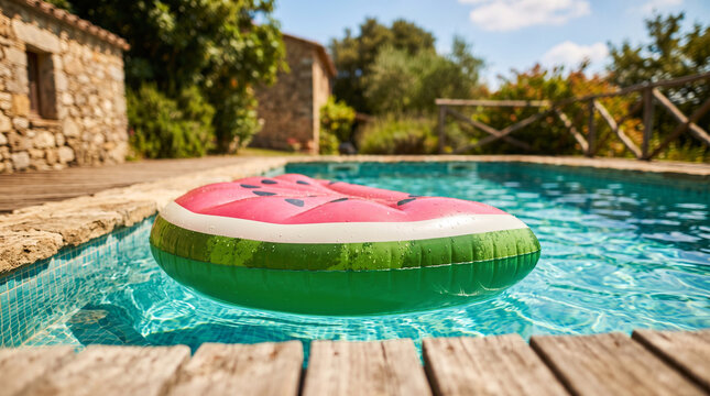 watermelon inflatable float drifting in a sunny swimming pool outdoor vacation