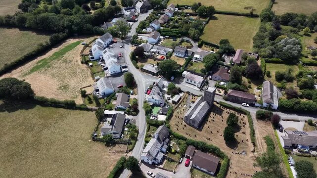 Aerial drone view of Boyton village  and parish church in Cornwall