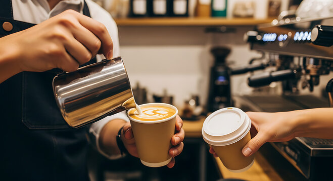Barista preparing espresso coffee in modern cafe setting.