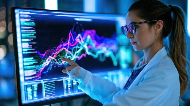 A female scientist wearing a lab coat, examining a computer screen with data charts and graphs in a high-tech laboratory setting.