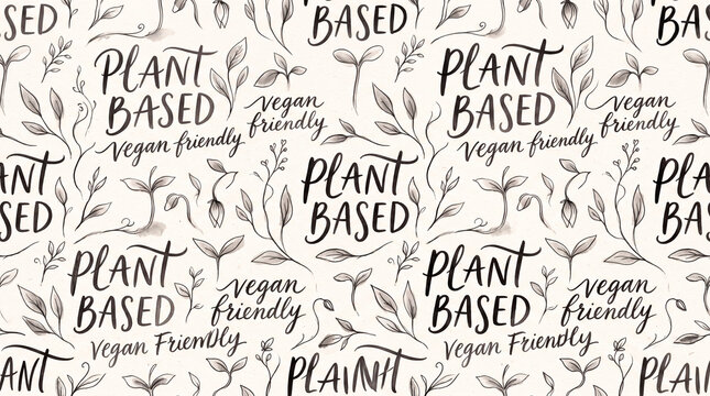 Plant based design with vegan friendly text and leaf patterns on a light background