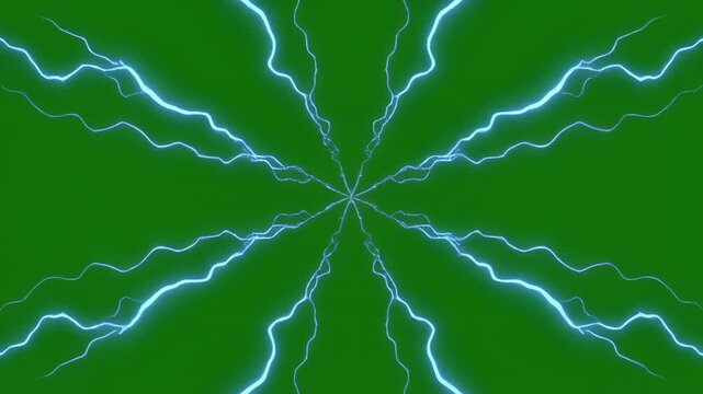 Energetic blue lightning bursts expanding across a green screen background with a central black gap for text overlay