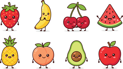 Fototapeta premium Cute Kawaii Fruit Character Set with Strawberry Banana Cherries Watermelon Pineapple Peach Avocado and Apple