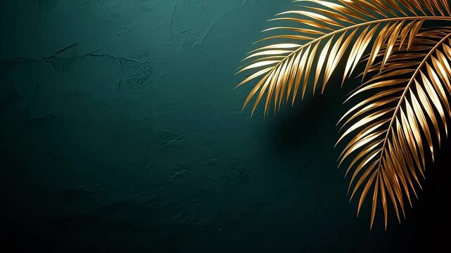 Golden palm leaf on dark teal background