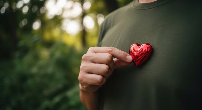 Heart Health Awareness Concept with Man Holding Red Heart Symbol on Chest Representing Love, Care and Cardiology