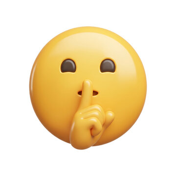 A 3d rendered yellow face emoji making a quiet shushing gesture isolated on transparent background