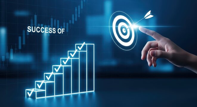 Business growth and success concept with rising chart, target icon and hand pointing toward achievement