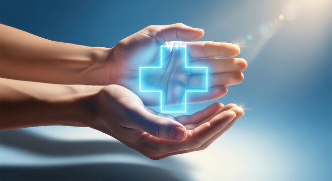 Healthcare technology concept with glowing medical cross in hands representing digital medicine and innovation