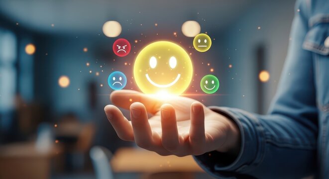 Business Customer Experience and Client Satisfaction Measurement with Glowing Happy Emoji Interface