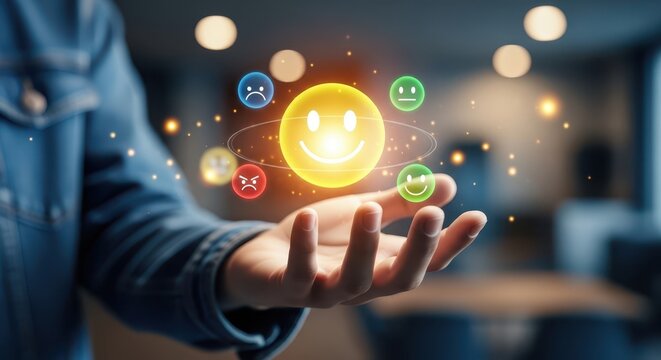 Digital Customer Satisfaction and Positive Feedback Concept with Glowing Smiley Icon and Business Rating Interface
