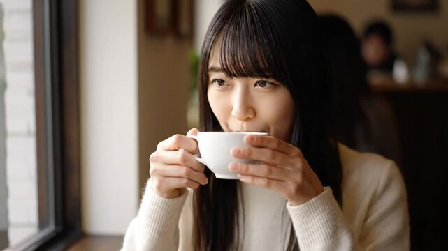 Young Asian woman smiles, sips hot coffee from a white cup in a cafe, enjoying a relaxing moment.