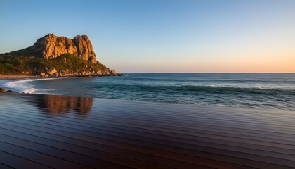 Obraz premium Wooden terrace deck platform overlooking the serene ocean coast and rocky mountain in Visakhapatnam for a peaceful travel vacation and luxury beach resort concept
