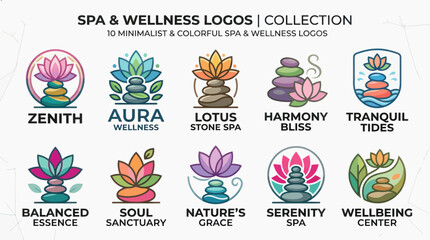 Naklejka premium Spa & Wellness Logo Collection: 10 Minimalist & Colorful Logos - Zen, Lotus, Harmony, Serenity