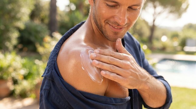 Young Man Applying Sunscreen Lotion on Shoulder for UV Protection, Healthy Skin Care and Summer Sun Safety